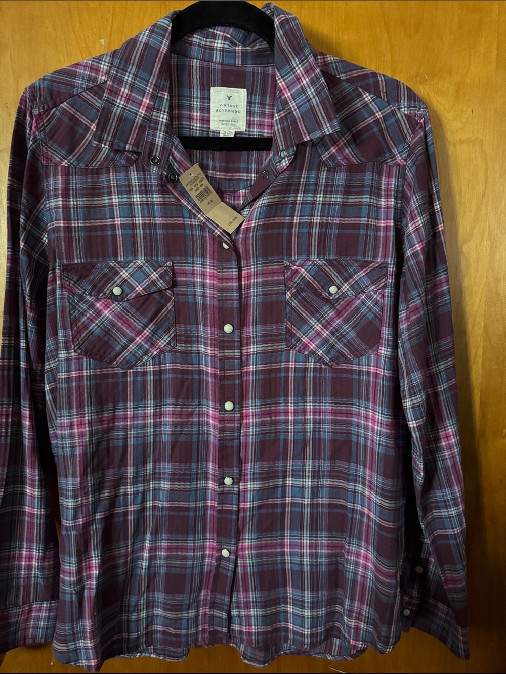 American Eagle Outfitters Burgundy Plaid Button-Down Shirt